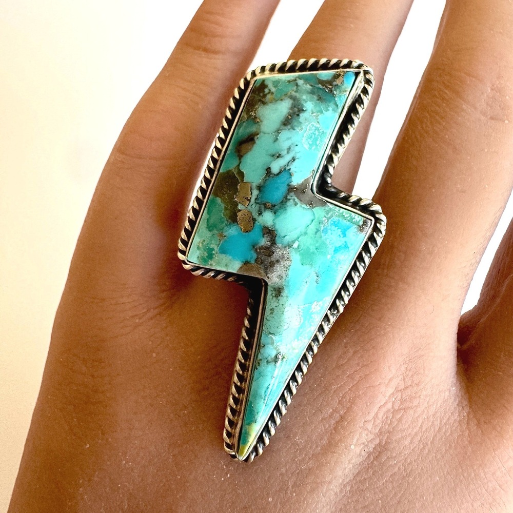 BIG Navajo Lightening Bolt Ring Turquoise Sz 7 Adjustable Yazzie Sterling Native